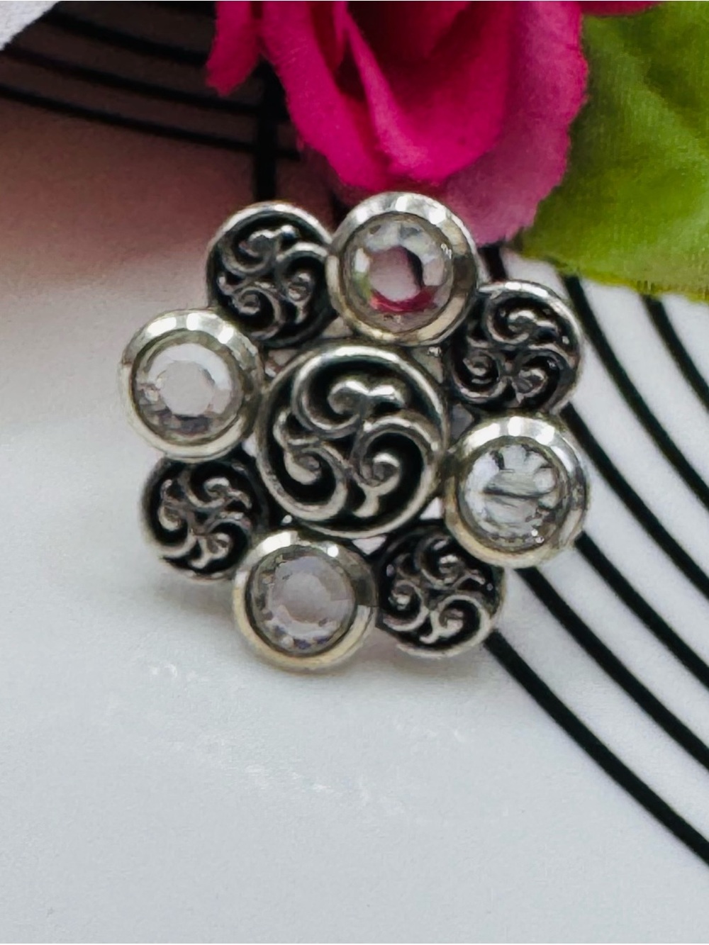 Brighton Silver-Tone Floral Crystal Statement Ring